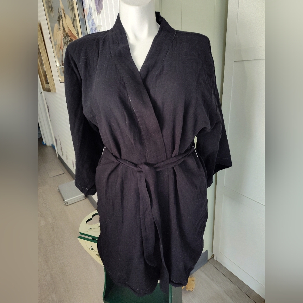 Johnny Was Calme Belted Kimono Robe Black Lg Cotton Style 043421AE New With Tags